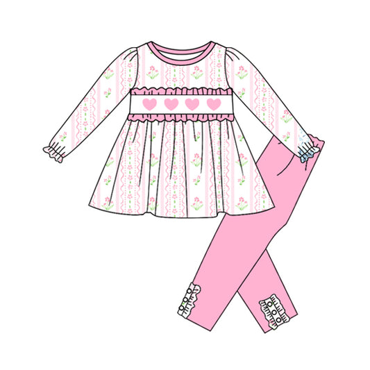 preorder GLP2910 Valentine's  Day heart pink flowers long sleeve pants girls set