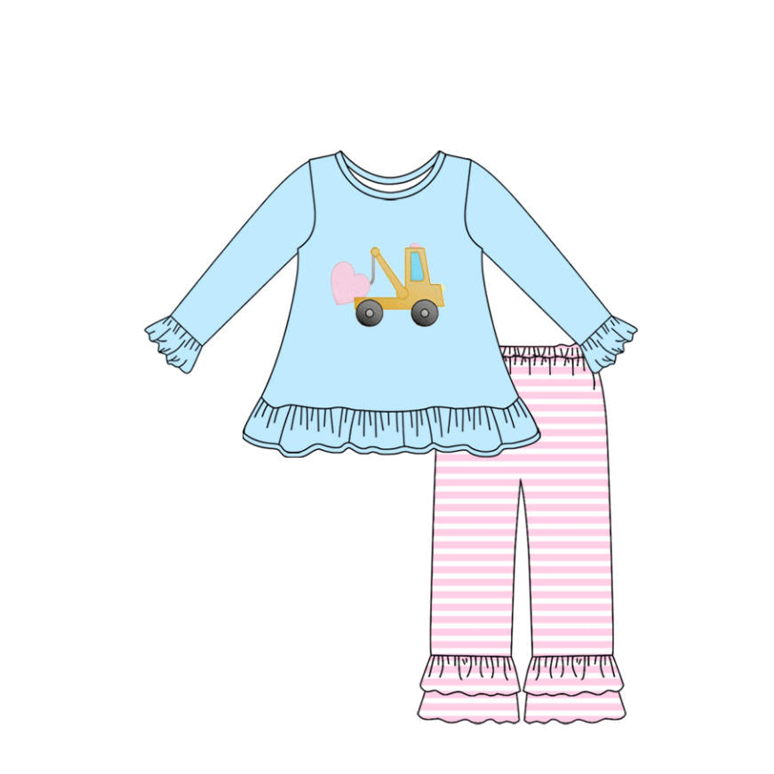 preorder GLP2911 Valentine's Day heart construction truck blue long sleeve pink striped pants girls set