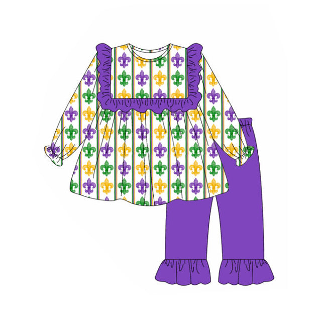 preorder GLP2922 Mardi Gras purple green yellow long sleeve purple pants girls set