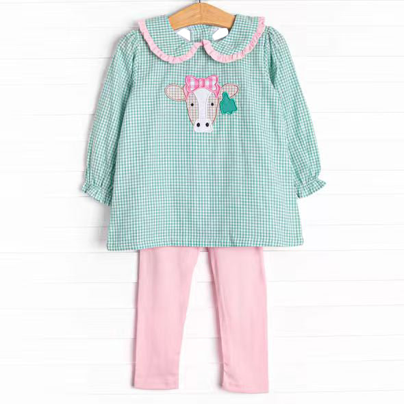 preorder GLP2926 cow bow green checkered long sleeve pink pants girls set