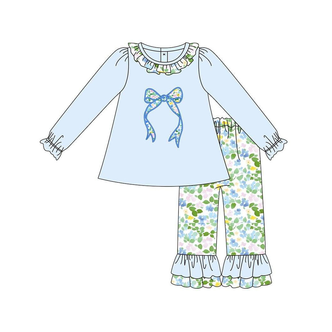 preorder GLP2930 bows blue long sleeve flowers floral pants girls set
