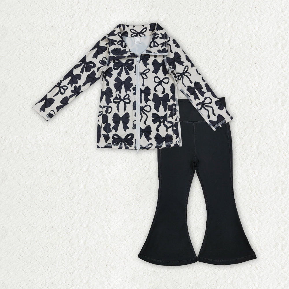 GLP2931 yoga black bows zipper long sleeve black pants girls set