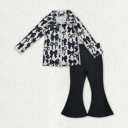 GLP2931 yoga black bows zipper long sleeve black pants girls set