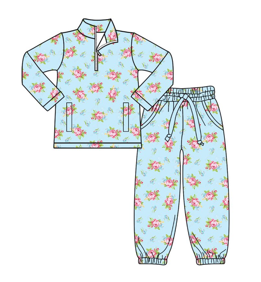 preorder GLP2939 yoga rose flowers blue zipper long sleeve pants girls set