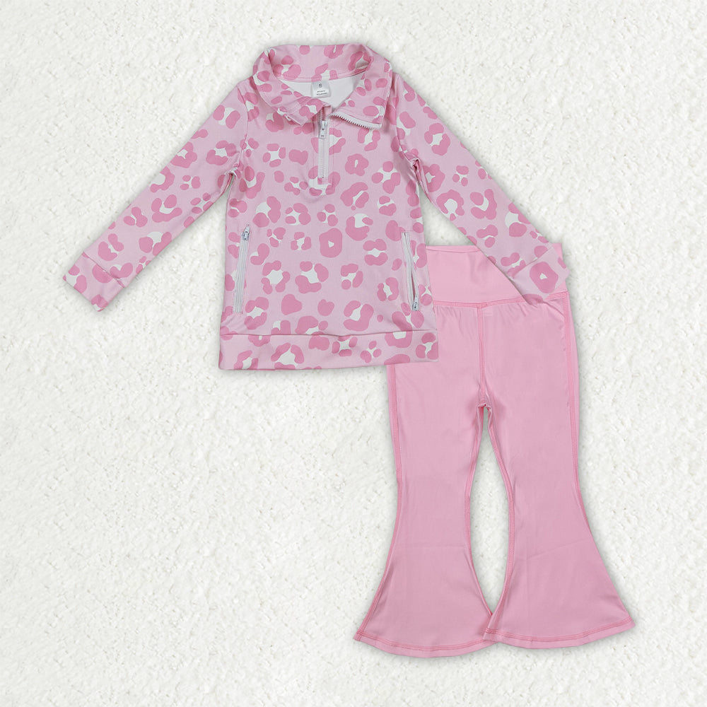GLP2942 yoga pink leopard zipper long sleeve pink pants girls set