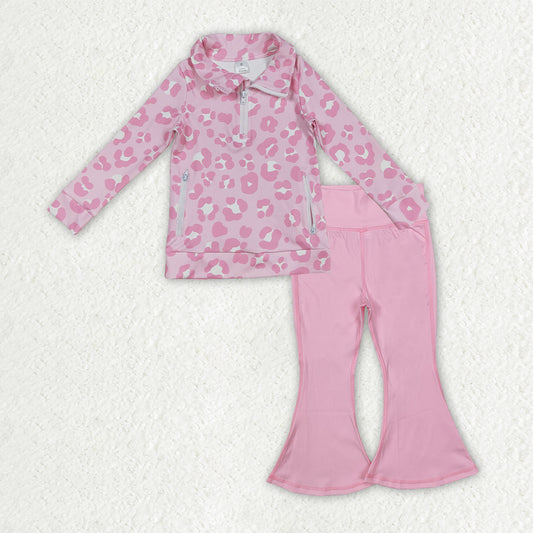 GLP2942 yoga pink leopard zipper long sleeve pink pants girls set
