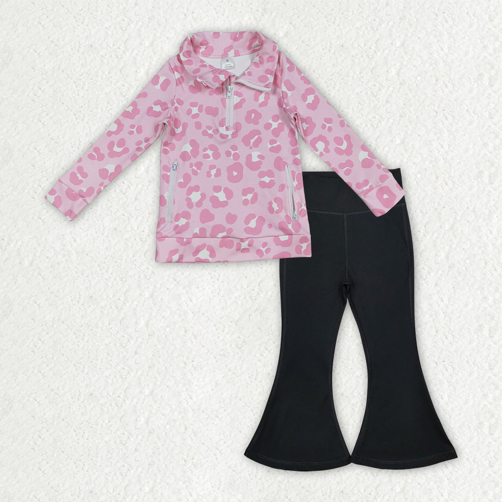 GLP2943 yoga pink leopard zipper long sleeve black pants girls set