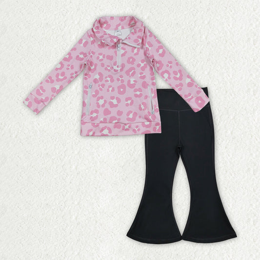 GLP2943 yoga pink leopard zipper long sleeve black pants girls set