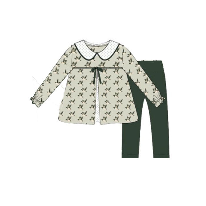 preorder GLP2944 hunting mallard duck bows long sleeve dark green pants girls set