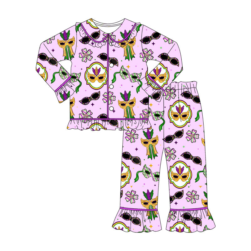 preorder GLP2949 Mardi Gras mask purple long sleeve pants girls pajamas