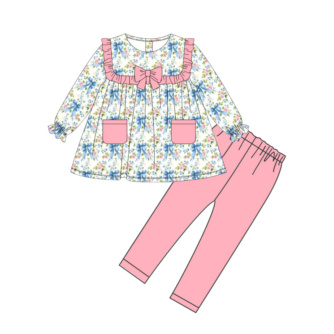 preorder GLP2951 cute blue bows flowers floral pockets long sleeve pink pants girls set
