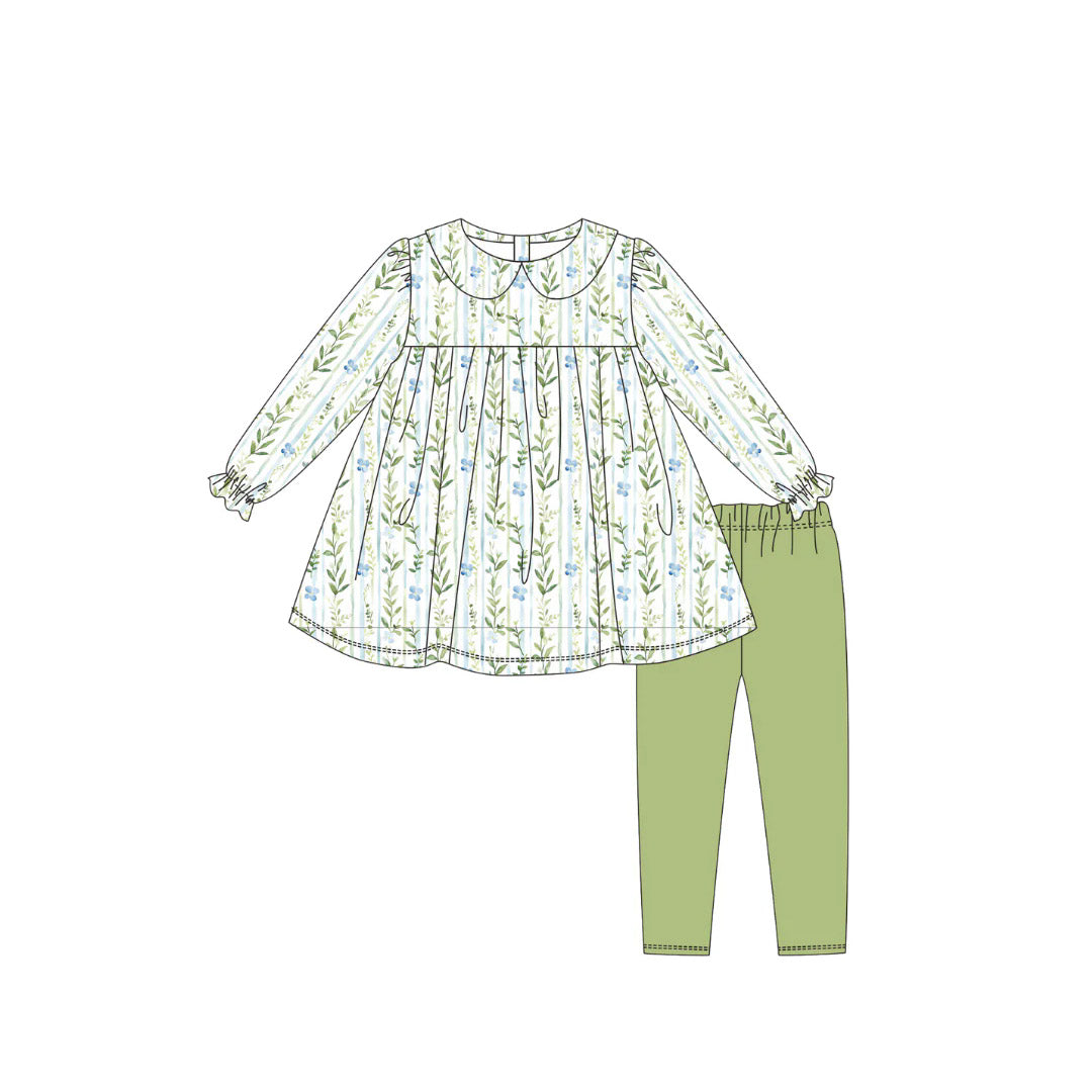 preorder GLP2952 blue flowers floral long sleeve green pants girls set