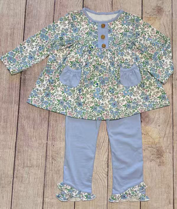 preorder GLP2953 blue flowers floral pockets long sleeve blue pants girls set