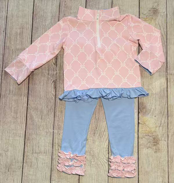 preorder GLP2954 pink bows zipper long sleeve blue pants girls set