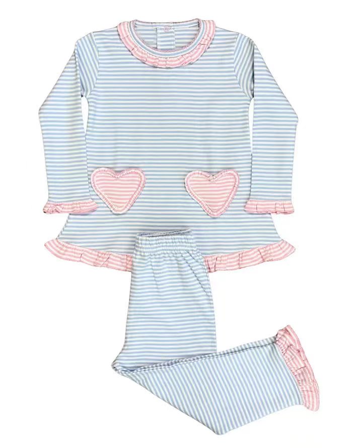 preorder GLP2958 Valentine's Day pink heart blue striped long sleeve pants girls set