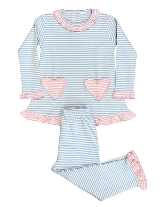 preorder GLP2958 Valentine's Day pink heart blue striped long sleeve pants girls set