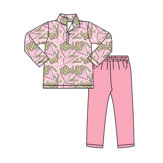 preorder GLP2959 Valentine's Day heart leopard chips zipper long sleeve pink pants girls set