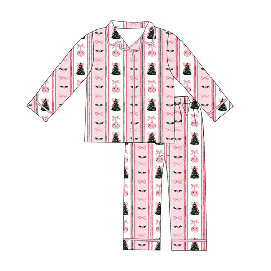 preorder GLP2962 Christmas tree holly berry pink bows long sleeve pants adult women pajamas