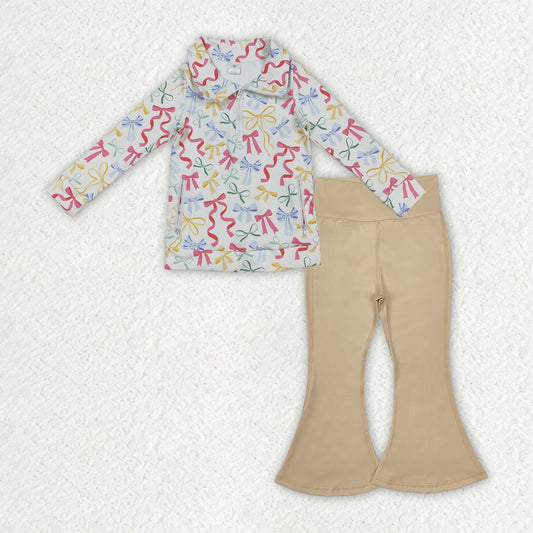 GLP2966 yoga colorful bows zipper long sleeve khaki pants girls set