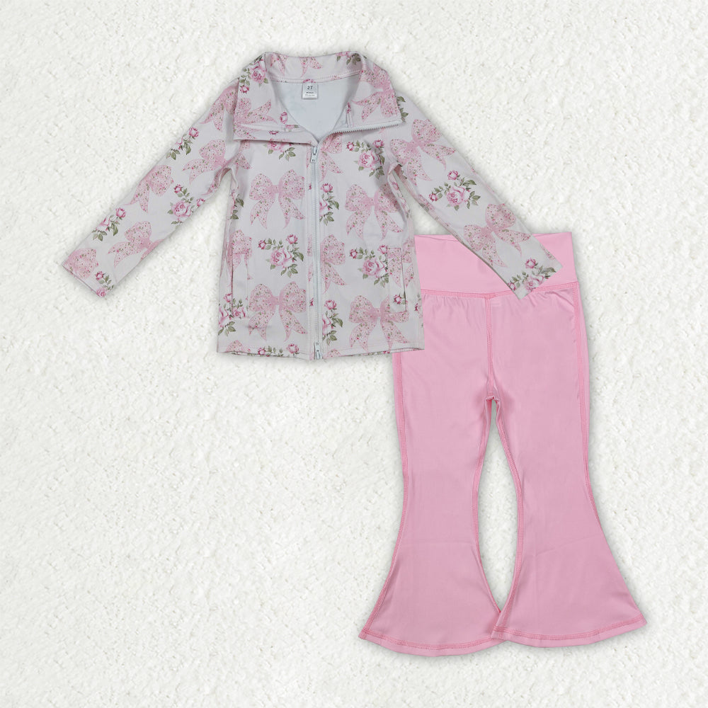 GLP2967 yoga pink flowers bows zipper long sleeve pink pants girls set