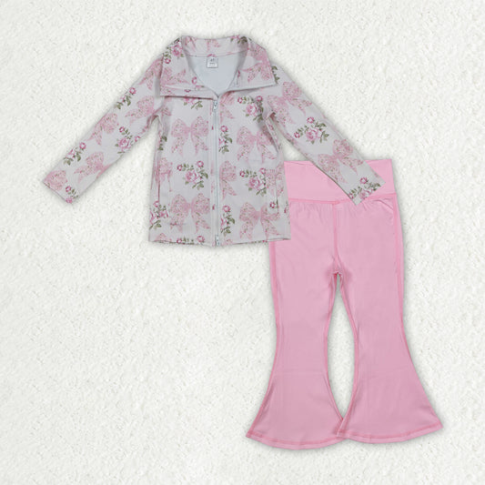 GLP2967 yoga pink flowers bows zipper long sleeve pink pants girls set