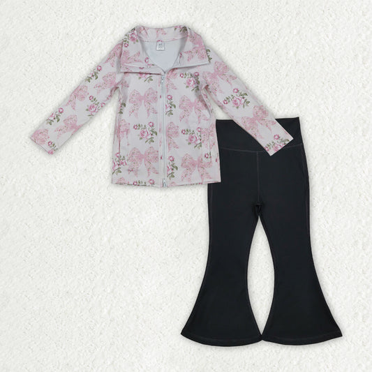 GLP2968 yoga pink flowers bows zipper long sleeve black pants girls set