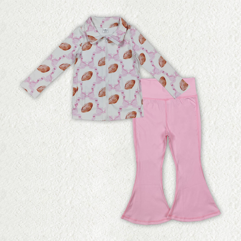GLP2969 yoga pink bows football zipper long sleeve pink pants girls set