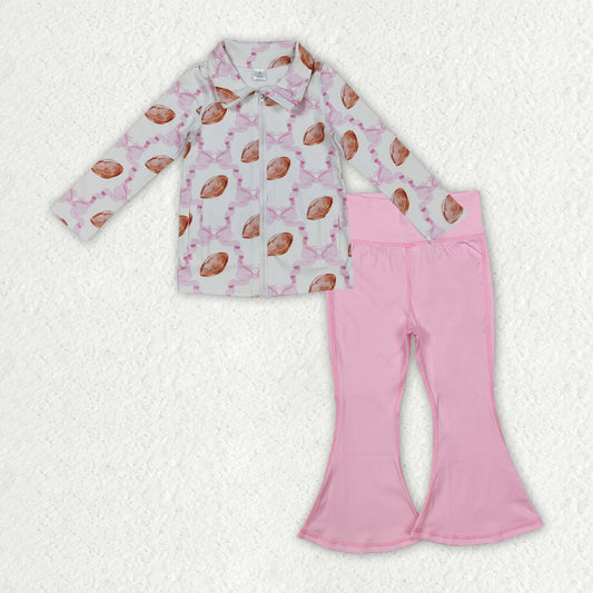 GLP2969 yoga pink bows football zipper long sleeve pink pants girls set
