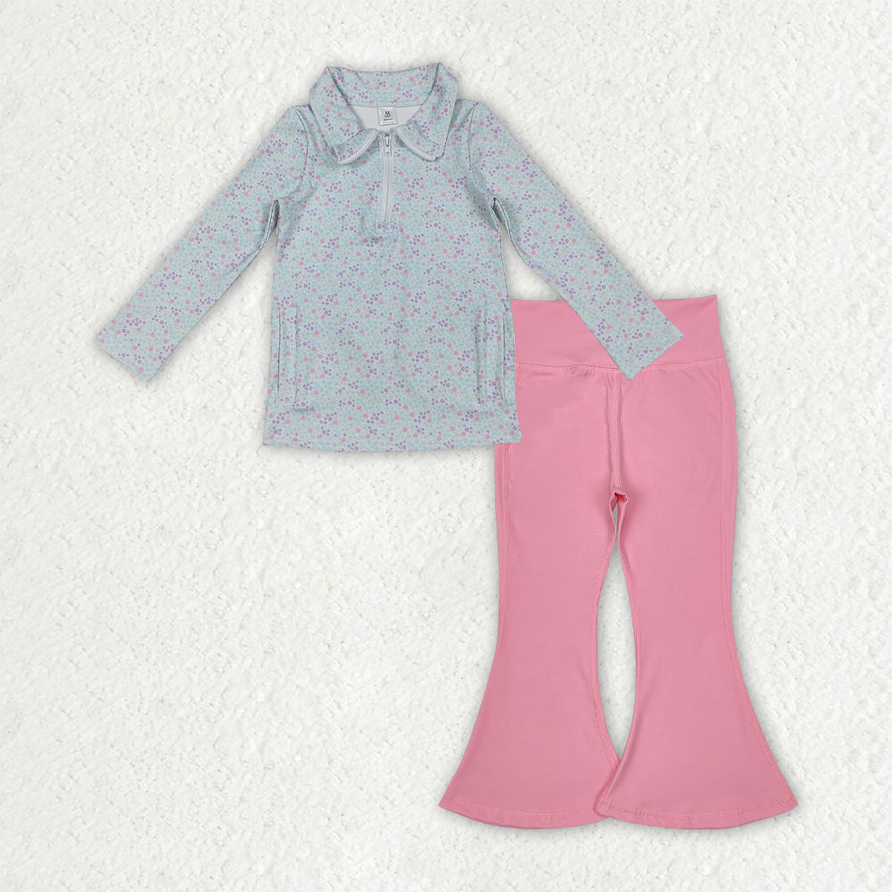 GLP2970 yoga blue flowers floral zipper long sleeve hot pink pants girls set