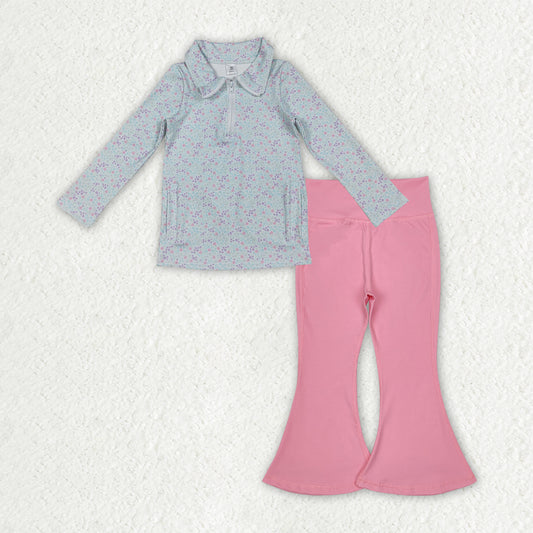 GLP2970 yoga blue flowers floral zipper long sleeve hot pink pants girls set