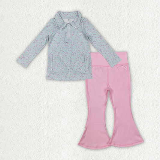 GLP2971 yoga blue flowers floral zipper long sleeve pink pants girls set