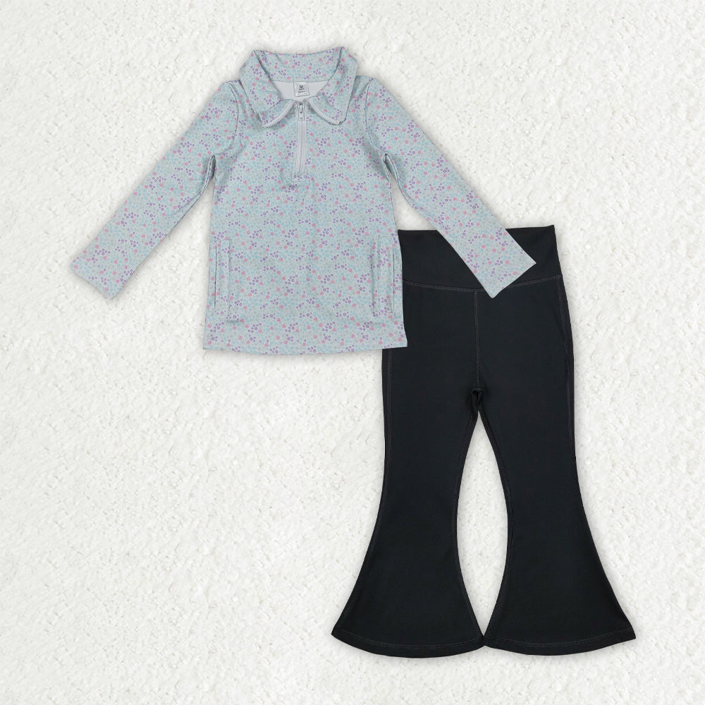 GLP2972 yoga blue flowers floral zipper long sleeve black pants girls set