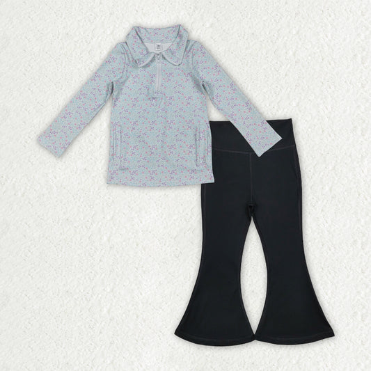 GLP2972 yoga blue flowers floral zipper long sleeve black pants girls set