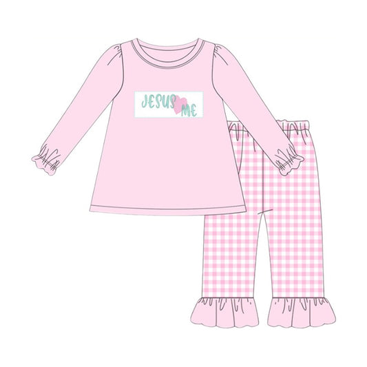 preorder GLP2973 Jesus love me Easter pink long sleeve pink checkered pants girls set