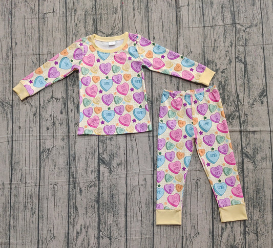 preorder samples Valentine's Day colorful heart yellow long sleeve pants girls pajamas
