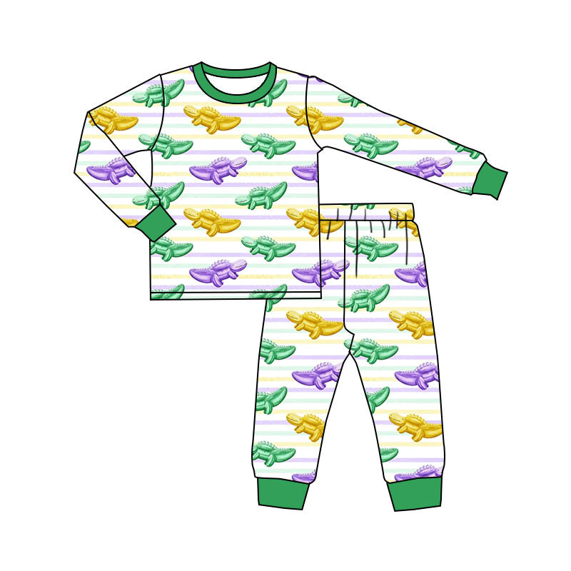preorder GLP2985 Mardi Gras yellow purple green crocodile long sleeve pants girls pajamas