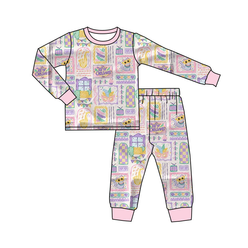 preorder GLP2986 Mardi Gras yellow purple green cake pink long sleeve pants girls pajamas