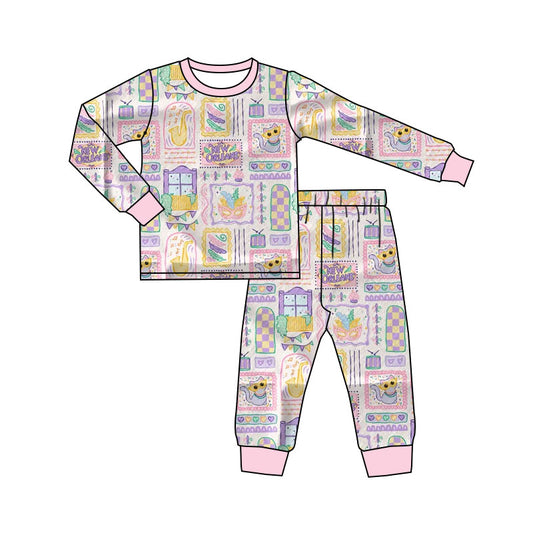 preorder GLP2986 Mardi Gras yellow purple green cake pink long sleeve pants girls pajamas