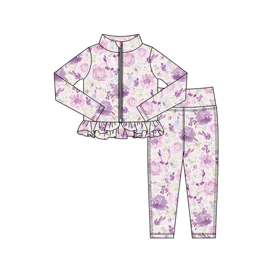 preorder GLP2998 yoga purple flowers zipper long sleeve pants girls set