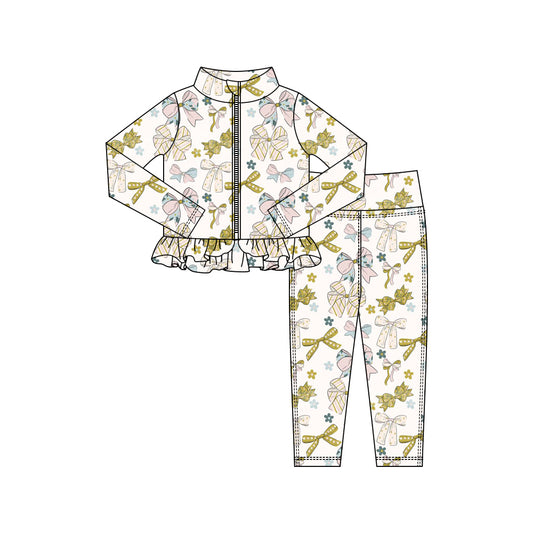 preorder GLP3005 yoga golden bows zipper long sleeve pants girls set