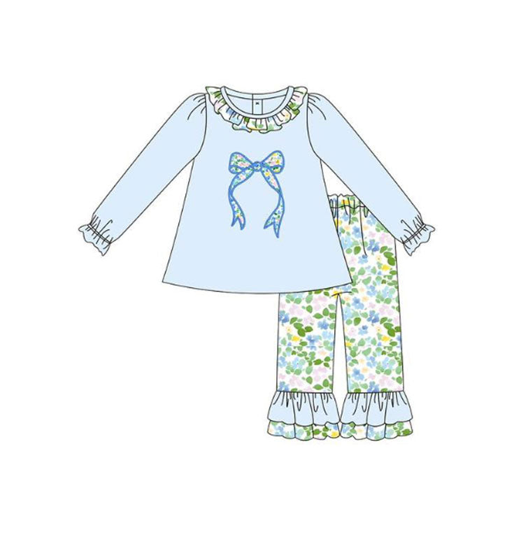 preorder GLP3018 blue bow long sleeve flowers floral pants girls set