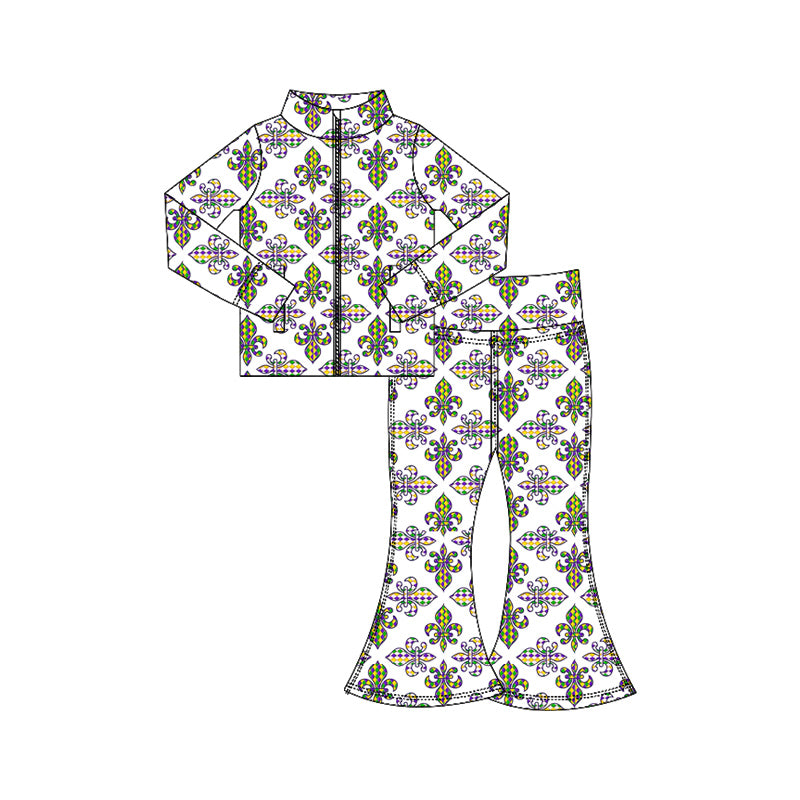 preorder GLP3025 yoga Mardi Gras zipper long sleeve pants girls set