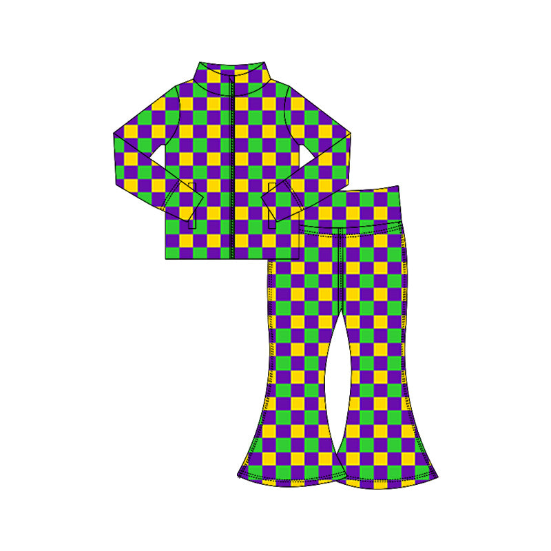 preorder GLP3027 yoga Mardi Gras zipper long sleeve pants girls set