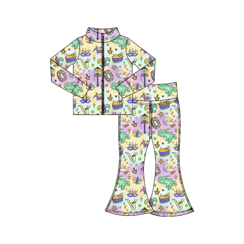 preorder GLP3031 yoga Mardi Gras zipper long sleeve pants girls set