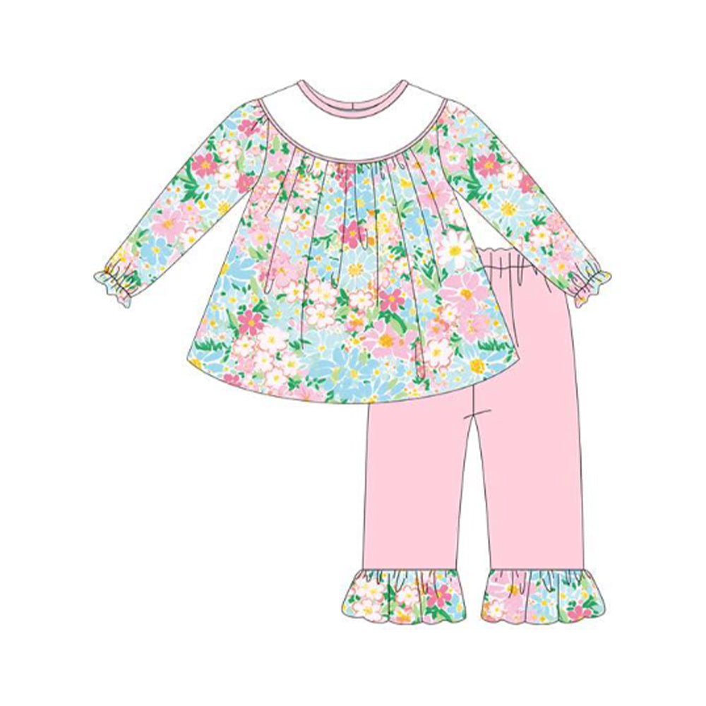 preorder GLP3053 colorful flowers long sleeve pink pants girls set