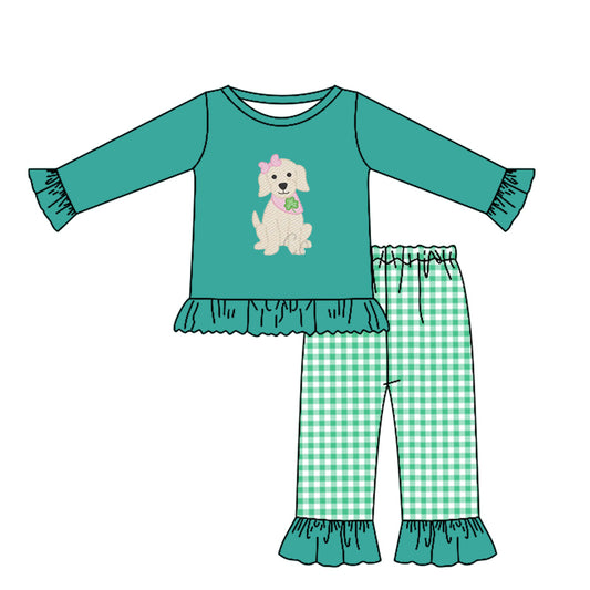 preorder GLP3057 St Patrick dog clover green long sleeve checkered pants girls set