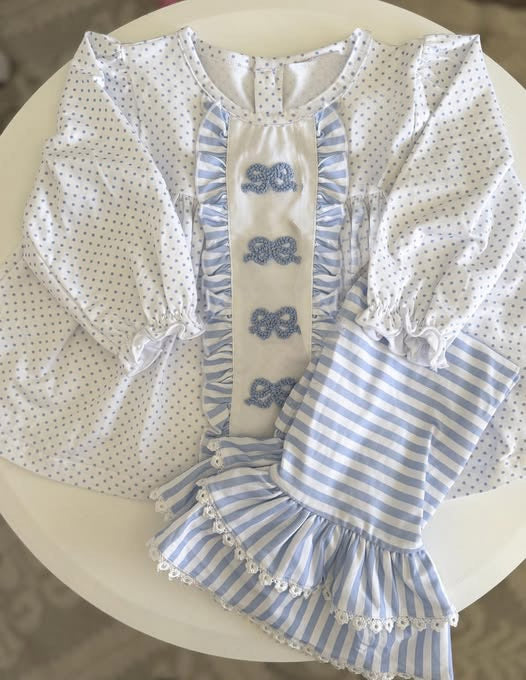 preorder GLP3059 blue bows dot long sleeve blue striped pants girls set