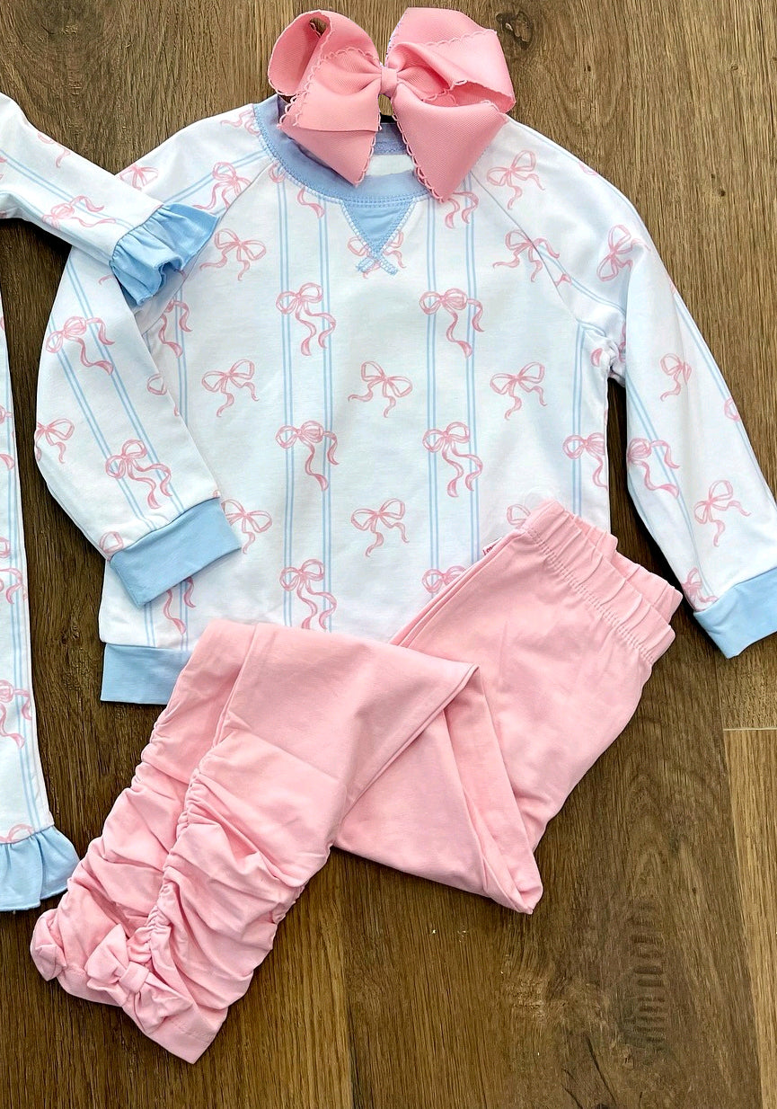 preorder GLP3063 pink bows blue long sleeve pink pants girls set