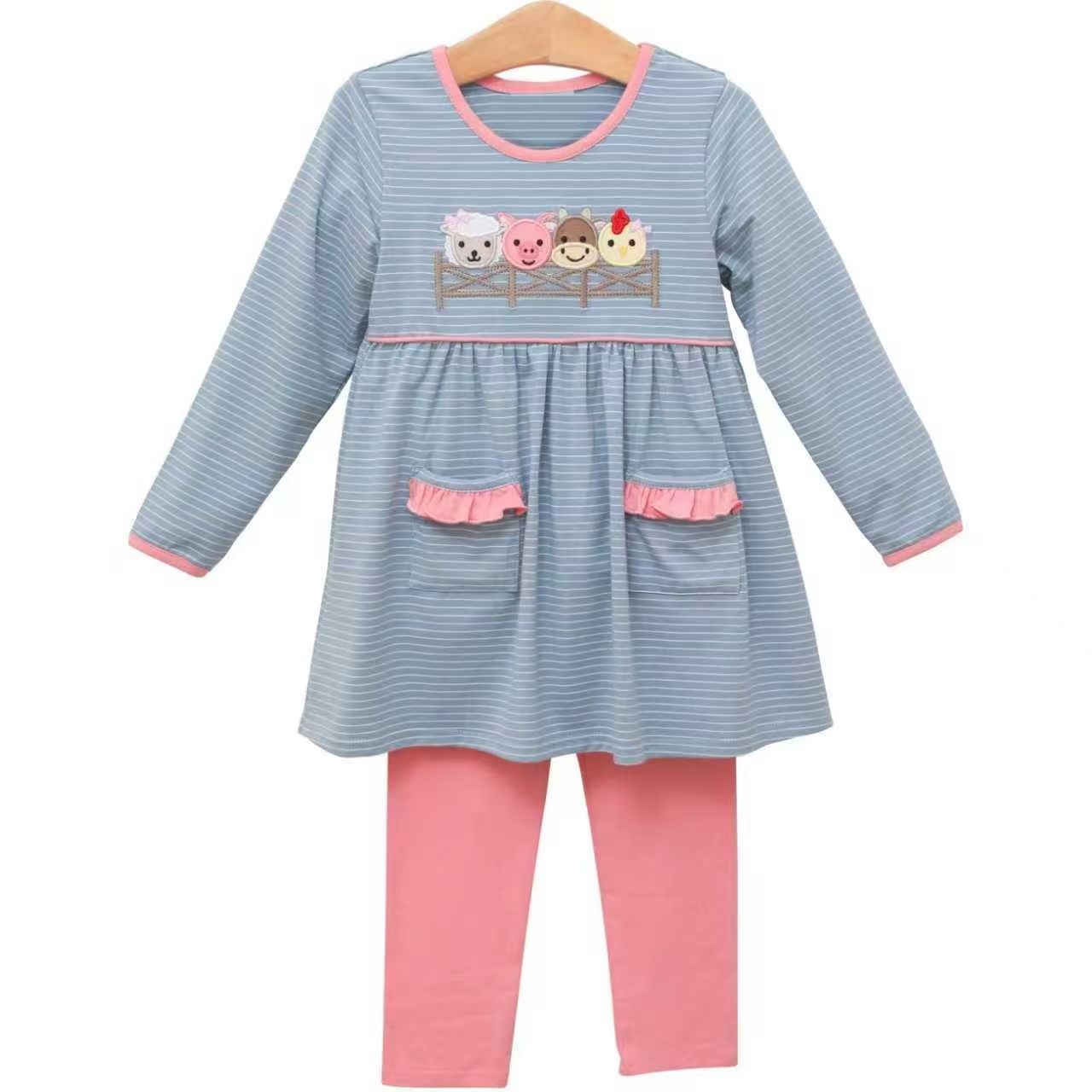 preorder GLP3072 farm animals cow pig blue long sleeve pink pants girls set