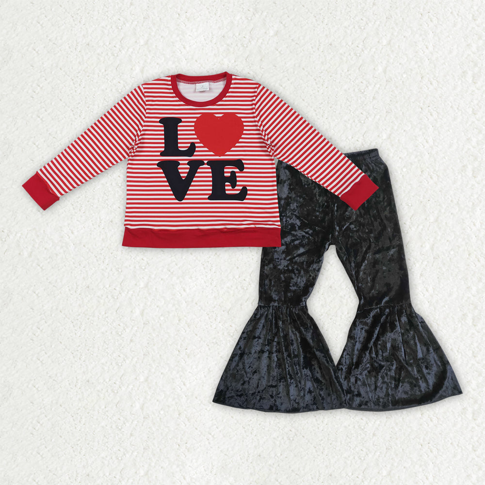 GLP3082 Valentine's Heart Love Red Striped Long Sleeve Black Velvet Pants Girls Set